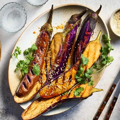 Griddled aubergines with sesame dressing